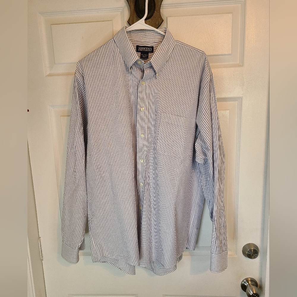 (998) Land's End Men's Dress Shirt,  Size: 16.5, Color: White with Blue Stripes